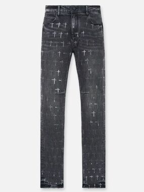 RtA Black Washed Skinny Jeans with White Cross Print 33 waist slim fit nwt